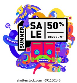 Summer sale colorful style banner and Poster. Toys, music, lifestyle and hobby event with discount poster. Vector Abstract colorful cartoon doodle illustration with special offer and promotion.