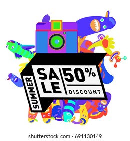 Summer sale colorful style banner and Poster. Toys, music, lifestyle and hobby event with discount poster. Vector Abstract colorful cartoon doodle illustration with special offer and promotion.