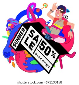 Summer sale colorful style banner and Poster. Toys, music, lifestyle and hobby event with discount poster. Vector Abstract colorful cartoon doodle illustration with special offer and promotion.
