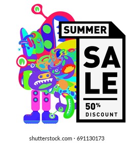 Summer sale colorful style banner and Poster. Toys, music, lifestyle and hobby event with discount poster. Vector Abstract colorful cartoon doodle illustration with special offer and promotion.