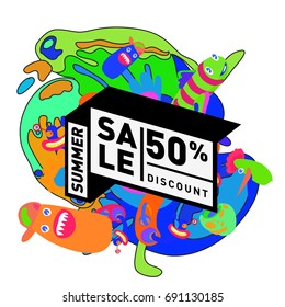 Summer sale colorful style banner and Poster. Toys, music, lifestyle and hobby event with discount poster. Vector Abstract colorful cartoon doodle illustration with special offer and promotion.