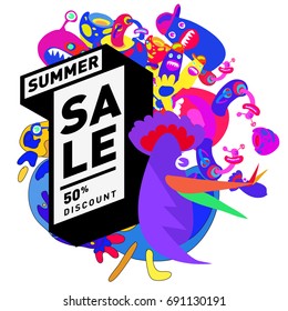 Summer sale colorful style banner and Poster. Toys, music, lifestyle and hobby event with discount poster. Vector Abstract colorful cartoon doodle illustration with special offer and promotion.