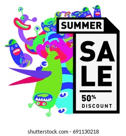 Summer sale colorful style banner and Poster. Toys, music, lifestyle and hobby event with discount poster. Vector Abstract colorful cartoon doodle illustration with special offer and promotion.