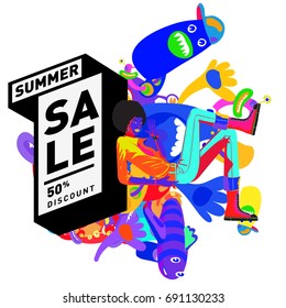 Summer sale colorful style banner and Poster. Toys, music, lifestyle and hobby event with discount poster. Vector Abstract colorful cartoon doodle illustration with special offer and promotion.