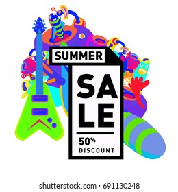 Summer sale colorful style banner and Poster. Toys, music, lifestyle and hobby event with discount poster. Vector Abstract colorful cartoon doodle illustration with special offer and promotion.