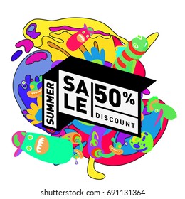 Summer sale colorful style banner and Poster. Toys, music, lifestyle and hobby event with discount poster. Vector Abstract colorful cartoon doodle illustration with special offer and promotion.