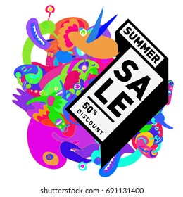 Summer sale colorful style banner and Poster. Toys, music, lifestyle and hobby event with discount poster. Vector Abstract colorful cartoon doodle illustration with special offer and promotion.