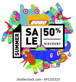 Summer sale colorful style banner and Poster. Toys, music, lifestyle and hobby event with discount poster. Vector Abstract colorful cartoon doodle illustration with special offer and promotion.