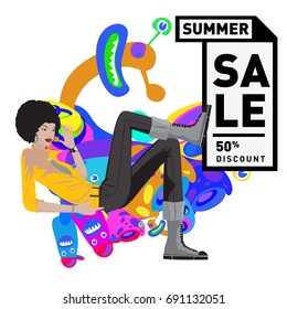 Summer sale colorful style banner and Poster. Toys, music, lifestyle and hobby event with discount poster. Vector Abstract colorful cartoon doodle illustration with special offer and promotion.
