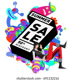 Summer sale colorful style banner and Poster. Toys, music, lifestyle and hobby event with discount poster. Vector Abstract colorful cartoon doodle illustration with special offer and promotion.