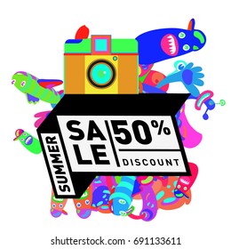 Summer sale colorful style banner and Poster. Toys, music, lifestyle and hobby event with discount poster. Vector Abstract colorful cartoon doodle illustration with special offer and promotion.