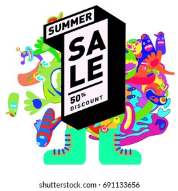 Summer sale colorful style banner and Poster. Toys, music, lifestyle and hobby event with discount poster. Vector Abstract colorful cartoon doodle illustration with special offer and promotion.
