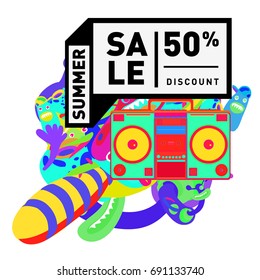 Summer sale colorful style banner and Poster. Toys, music, lifestyle and hobby event with discount poster. Vector Abstract colorful cartoon doodle illustration with special offer and promotion.