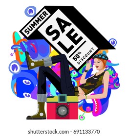 Summer sale colorful style banner and Poster. Toys, music, lifestyle and hobby event with discount poster. Vector Abstract colorful cartoon doodle illustration with special offer and promotion.