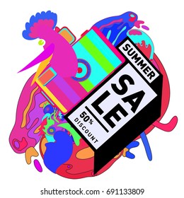 Summer sale colorful style banner and Poster. Toys, music, lifestyle and hobby event with discount poster. Vector Abstract colorful cartoon doodle illustration with special offer and promotion.