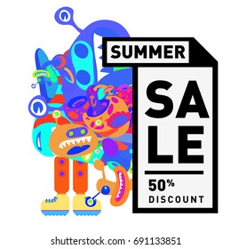 Summer sale colorful style banner and Poster. Toys, music, lifestyle and hobby event with discount poster. Vector Abstract colorful cartoon doodle illustration with special offer and promotion.