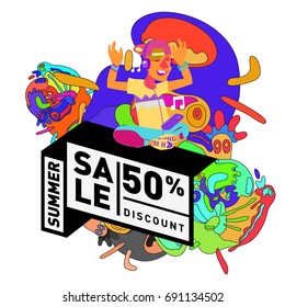 Summer sale colorful style banner and Poster. Toys, music, lifestyle and hobby event with discount poster. Vector Abstract colorful cartoon doodle illustration with special offer and promotion.