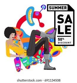 Summer sale colorful style banner and Poster. Toys, music, lifestyle and hobby event with discount poster. Vector Abstract colorful cartoon doodle illustration with special offer and promotion.