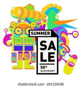 Summer sale colorful style banner and Poster. Toys, music, lifestyle and hobby event with discount poster. Vector Abstract colorful cartoon doodle illustration with special offer and promotion.