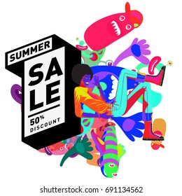 Summer sale colorful style banner and Poster. Toys, music, lifestyle and hobby event with discount poster. Vector Abstract colorful cartoon doodle illustration with special offer and promotion.