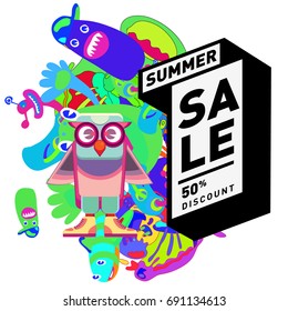 Summer sale colorful style banner and Poster. Toys, music, lifestyle and hobby event with discount poster. Vector Abstract colorful cartoon doodle illustration with special offer and promotion.