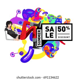 Summer sale colorful style banner and Poster. Toys, music, lifestyle and hobby event with discount poster. Vector Abstract colorful cartoon doodle illustration with special offer and promotion.