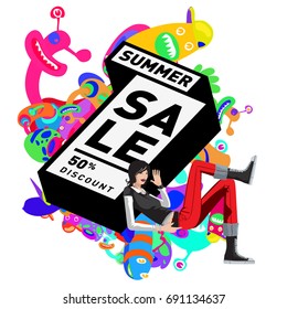 Summer sale colorful style banner and Poster. Toys, music, lifestyle and hobby event with discount poster. Vector Abstract colorful cartoon doodle illustration with special offer and promotion.