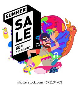 Summer sale colorful style banner and Poster. Toys, music, lifestyle and hobby event with discount poster. Vector Abstract colorful cartoon doodle illustration with special offer and promotion.