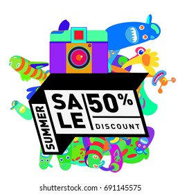 Summer sale colorful style banner and Poster. Toys, music, lifestyle and hobby event with discount poster. Vector Abstract colorful cartoon doodle illustration with special offer and promotion.