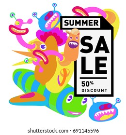 Summer sale colorful style banner and Poster. Toys, music, lifestyle and hobby event with discount poster. Vector Abstract colorful cartoon doodle illustration with special offer and promotion.