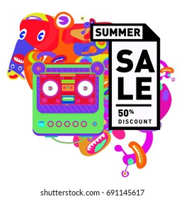 Summer sale colorful style banner and Poster. Toys, music, lifestyle and hobby event with discount poster. Vector Abstract colorful cartoon doodle illustration with special offer and promotion.