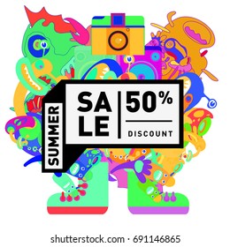 Summer sale colorful style banner and Poster. Toys, music, lifestyle and hobby event with discount poster. Vector Abstract colorful cartoon doodle illustration with special offer and promotion.