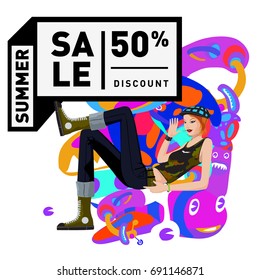 Summer sale colorful style banner and Poster. Toys, music, lifestyle and hobby event with discount poster. Vector Abstract colorful cartoon doodle illustration with special offer and promotion.