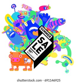 Summer sale colorful style banner and Poster. Toys, music, lifestyle and hobby event with discount poster. Vector Abstract colorful cartoon doodle illustration with special offer and promotion.