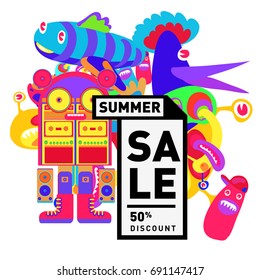 Summer sale colorful style banner and Poster. Toys, music, lifestyle and hobby event with discount poster. Vector Abstract colorful cartoon doodle illustration with special offer and promotion.