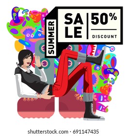 Summer sale colorful style banner and Poster. Toys, music, lifestyle and hobby event with discount poster. Vector Abstract colorful cartoon doodle illustration with special offer and promotion.