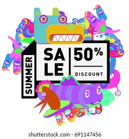 Summer sale colorful style banner and Poster. Toys, music, lifestyle and hobby event with discount poster. Vector Abstract colorful cartoon doodle illustration with special offer and promotion.