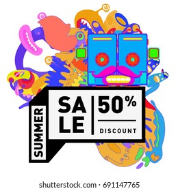 Summer sale colorful style banner and Poster. Toys, music, lifestyle and hobby event with discount poster. Vector Abstract colorful cartoon doodle illustration with special offer and promotion.