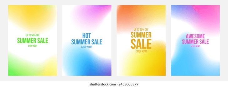 Summer Sale Commercial Set. Summertime season sale promotional backgrounds with bright color blurred gradients. Vector illustration.
