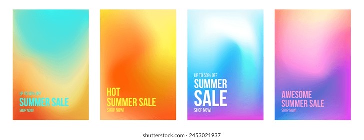 Summer Sale Commercial. Set of Summertime season sale promotional backgrounds with vibrant color blurred gradients. Vector illustration.