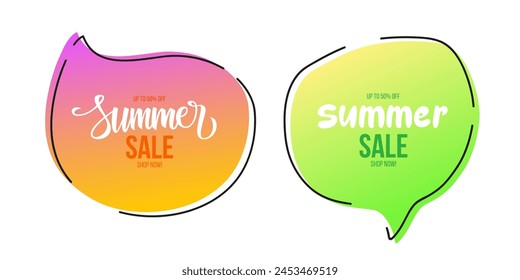 Comercial de venta de verano. Burbujas de discurso de promoción de ventas de verano. Letras a mano. Señales comerciales para empresas, compras de temporada, marketing y publicidad. Ilustración vectorial.