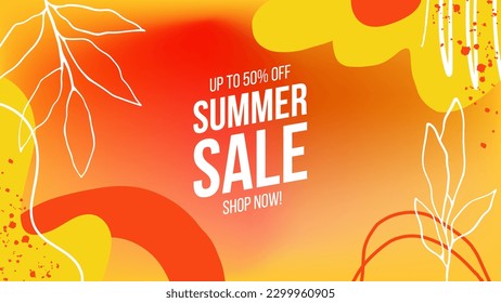 Summer Sale Commercial. Summertime theme sale promotional banner. Hand drawn floral and abstract elements. Orange blurred background. Vector illustration.