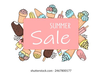 Concepto de venta de verano. Fondo con helado y lugar para texto. Dibujado a mano ilustración. 