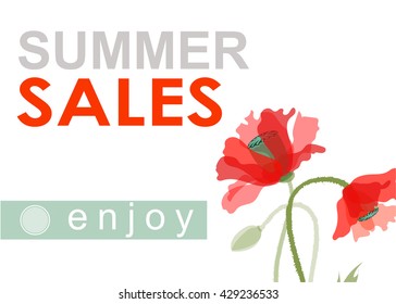 Summer sale Concept. Summer background with red poppy flowers. Template Vector