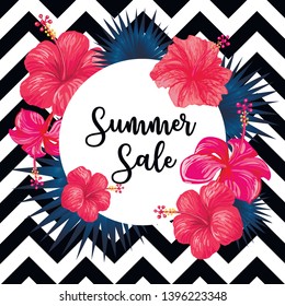 Summer sale Concept. Summer background with tropical flowers. Template Vector.