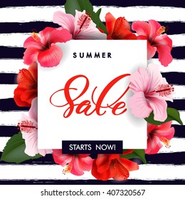 Summer sale Concept. Summer background with tropical flowers.  Template Vector.