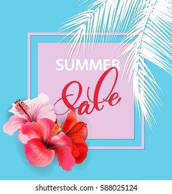 Summer sale Concept. Summer background with tropical flowers, butterflies. Template Vector.