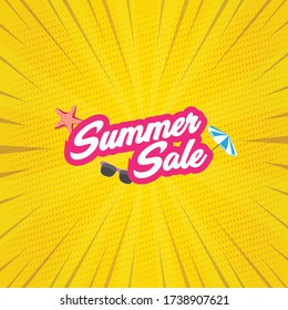 Summer sale concept banner design with umbrella and sunglasses at yellow retro background