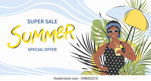 Summer sale concept. Banner design with afro american woman, tropical leaves and beach umbrella. Horizontal poster for Sales, ads, flyer, header for website. Vector Illustration