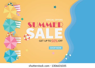 Summer sale concept banner. Tropical beach in paper art style. Top view paper cut illustration. Summer holiday vacation poster template